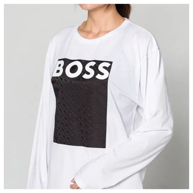 【HUGO BOSS】方框logo長袖T-shirt (白/黑框)(16-M)