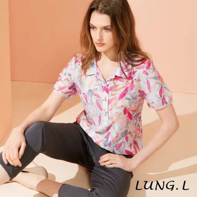 【LUNG.L 林佳樺】LW05A 粉色花草印花半開襟短袖女裝上衣