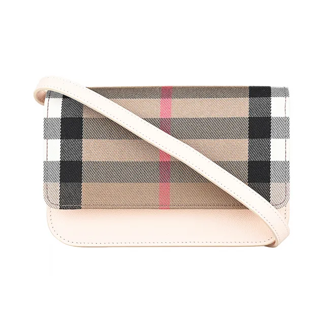 【BURBERRY 巴寶莉】BURBERRY 內燙金LOGO多色格紋帆布拼小牛皮釦式斜背包(迷你/黑)