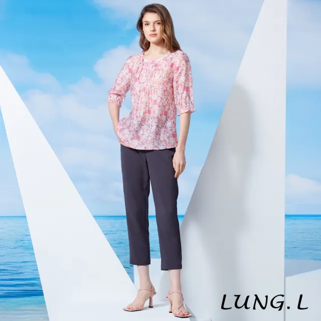【LUNG.L 林佳樺】LW45A 粉色印花輕盈天絲五分袖女裝上衣