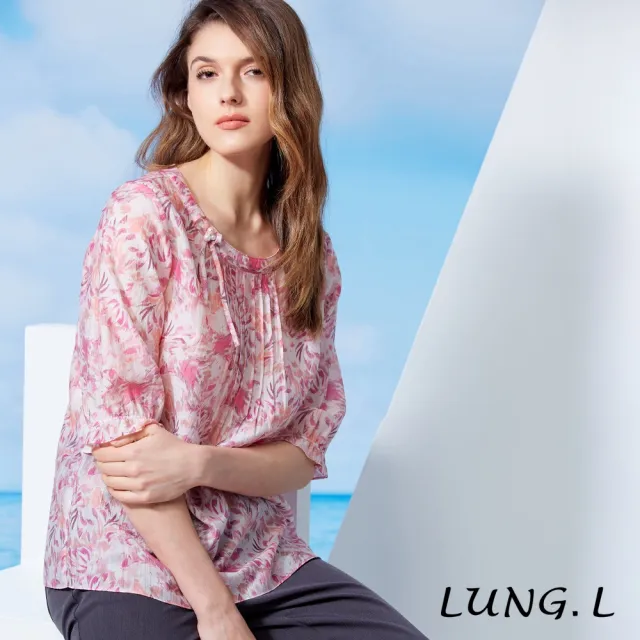 【LUNG.L 林佳樺】LW45A 粉色印花輕盈天絲五分袖女裝上衣