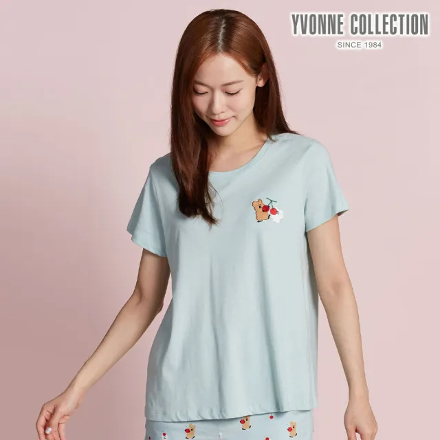 【YVONNE 以旺傢飾】櫻桃繡花短袖上衣-湖水綠(DINOTAENG)