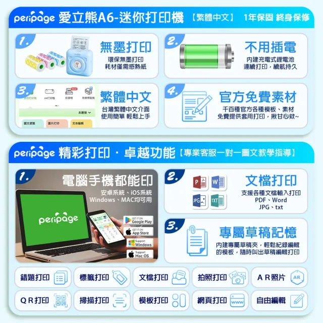 【PeriPage】標檢局認證 高清304dpi A6迷你打印機(標籤機/條碼機/貼紙機/打印機/錯題機/錯題打印)