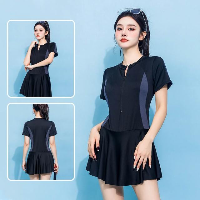 【Friyu】女泳衣連身裙式泳裝 保守遮肚顯瘦泳衣 學生運動風拉鍊泳裝 遮肉泳裙 夏季沙灘溫泉游泳衣