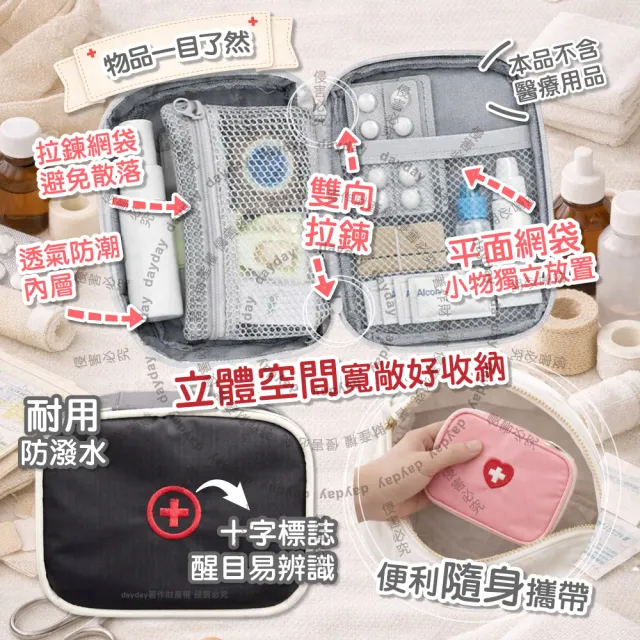 【日日好物】生活良品-大開口雙向拉鍊夾層隨身便攜醫藥品分類立體小收納包1入/袋(本品不含 