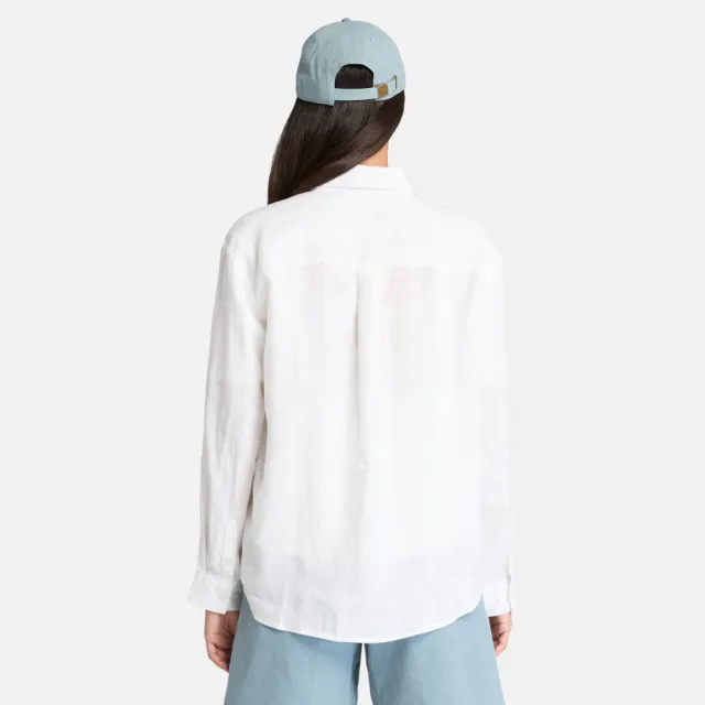 【Timberland】女款白色寬版亞麻長袖襯衫(A67N7100)