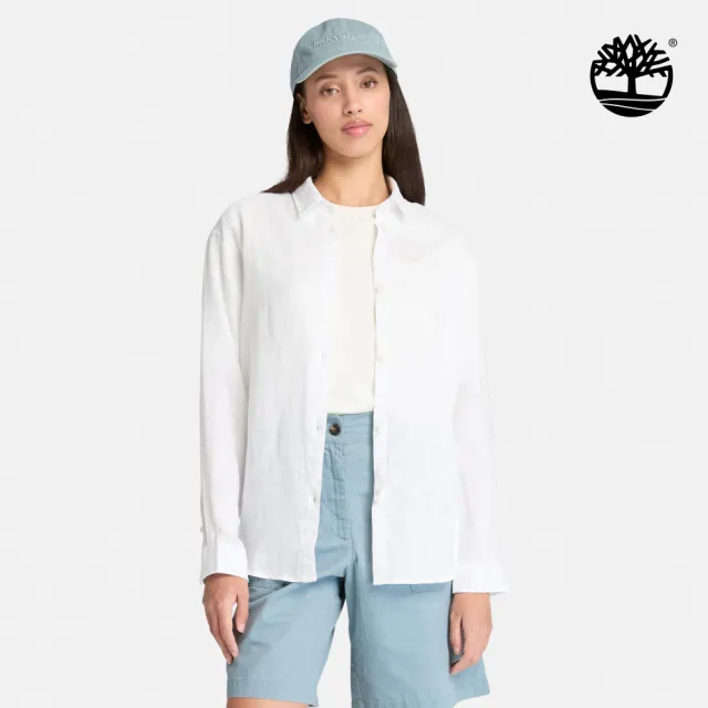 【Timberland】女款白色寬版亞麻長袖襯衫(A67N7100)