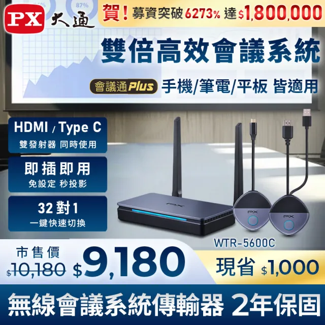 【PX 大通】2年保固免設定會議投影無線投影無線分享HDMI Type C 投屏器鏡射筆電手機投影大螢幕(WTR-5600C)
