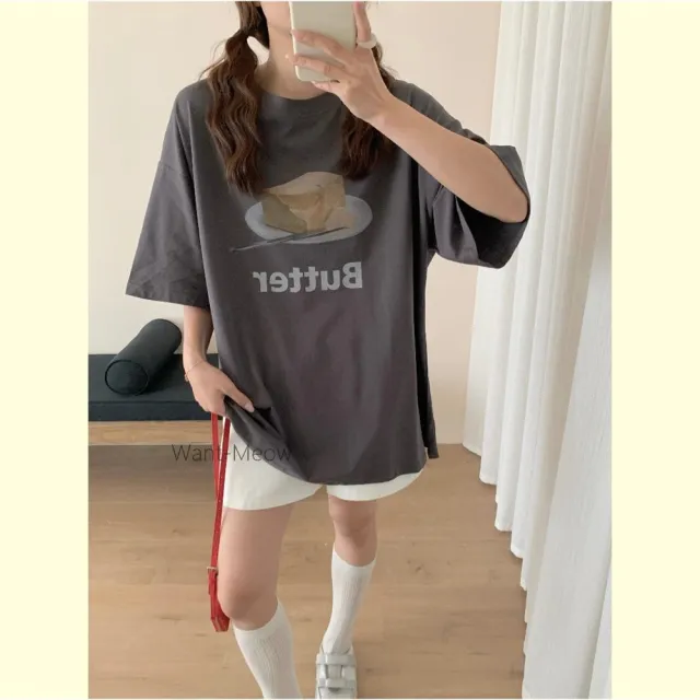 【Want-Meow】90公斤可穿/短袖日系奶油/寬鬆棉T大尺碼上衣大尺碼T恤(大碼/大尺碼/加大碼)