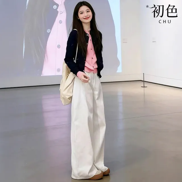 【初色】韓系撞色假兩件圓領單排釦長袖女上衣+純色闊腿褲休閒褲寬褲長褲套裝-黑粉衣白褲-19447(M-XL可選)