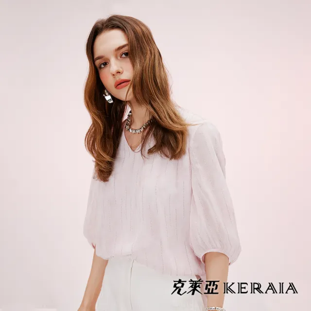 【KERAIA 克萊亞】染花粉金語V領雪紡上衣