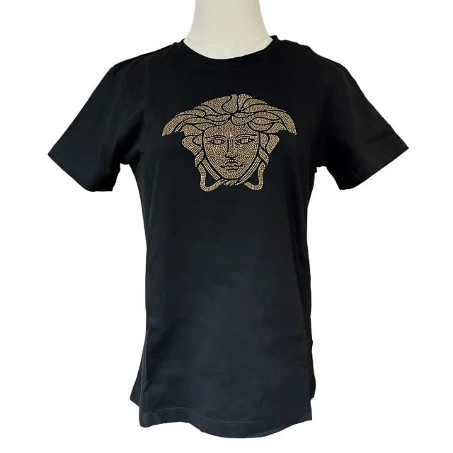 【VERSACE 凡賽斯】水晶梅杜莎logoT-shirt(黑/金色小水晶)(14A)