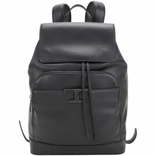 【TOD’S】TODS Timeless 中型 T字釦飾壓紋小牛皮翻蓋束口後背包-黑色(義大利手工皮革)