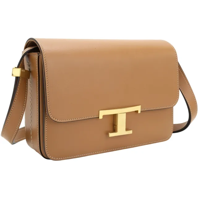 【TOD’S】TODS Timeless T字金屬按扣光滑牛皮滑動式背帶肩背方包-棕色(義大利手工皮革)