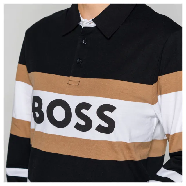 【HUGO BOSS】條紋logo長袖 polo衫(黑/棕/白)(16-M)