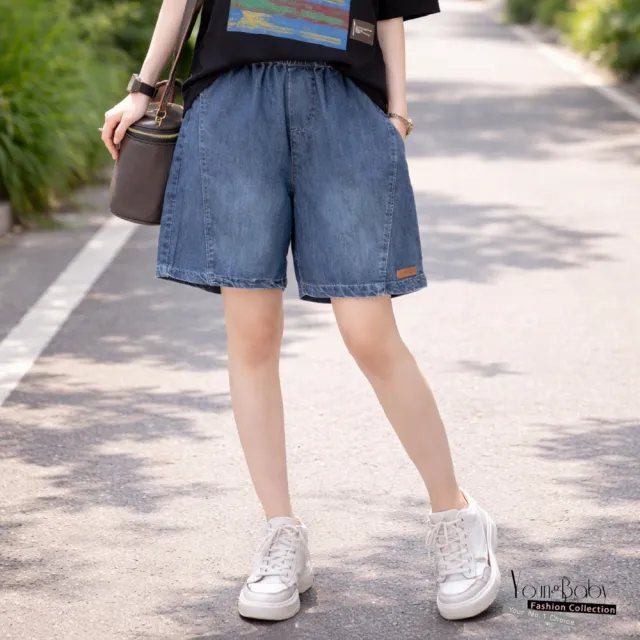 【YOUNGBABY】大方口袋小布標鬆緊牛仔短褲 中大尺碼女裝