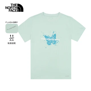 【The North Face】北面女款綠色FLASHDRY速乾胸前印花短袖T恤｜8GX7G70 排汗衫