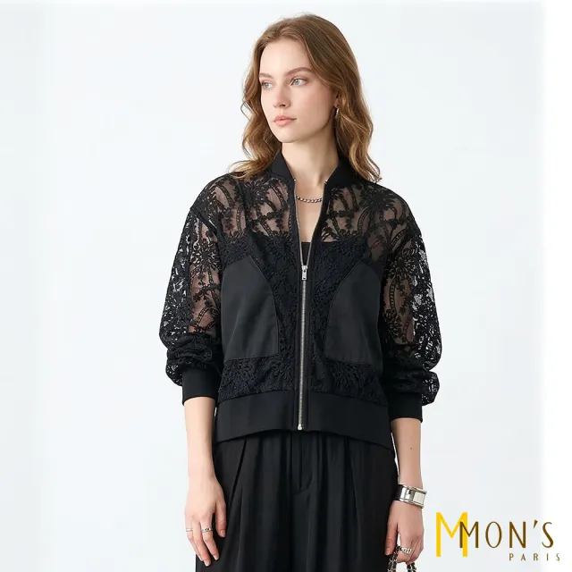 【MON’S】名品蕾絲襯衫感拉鍊外套(直)