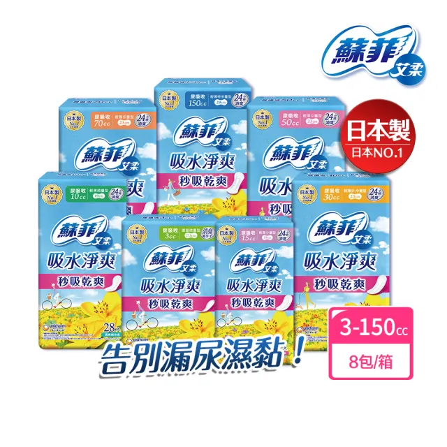 限時優惠【蘇菲艾柔】吸水淨爽漏尿專用護墊 8包/箱(3cc/10cc/15cc/30cc/50cc/70cc/150cc)