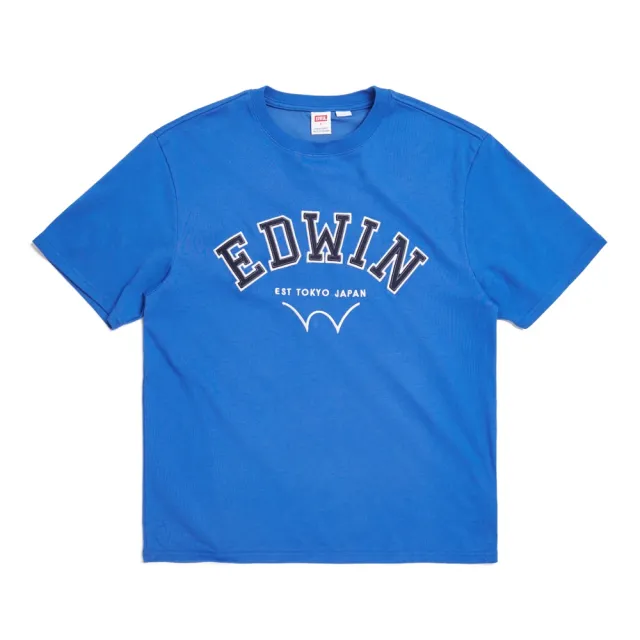 【EDWIN】男裝 COOL FLEX 大字貼布繡寬版短袖T恤(寶石藍)