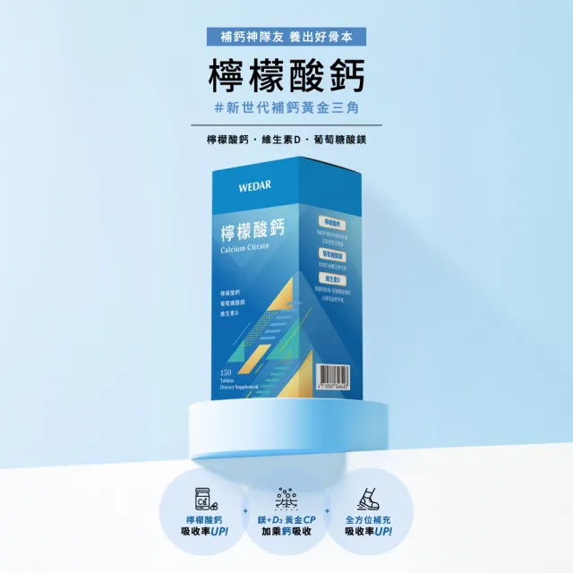 【Wedar 薇達】檸檬酸鈣 4盒組(150顆/盒.高利用率.葡萄糖酸鎂.維生素D)