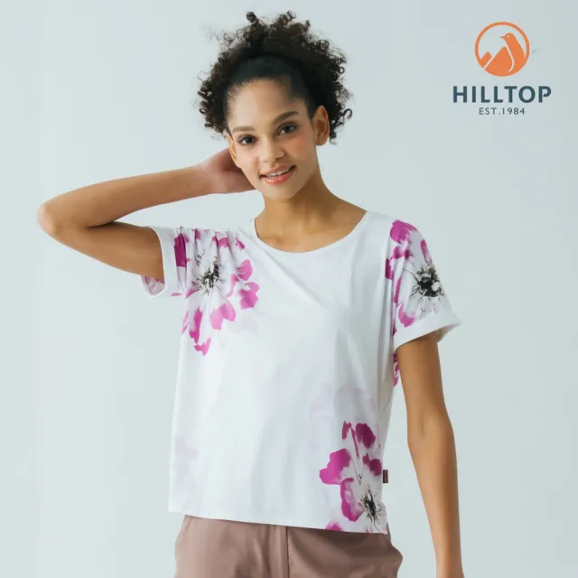 【Hilltop 山頂鳥】Polygiene抗菌吸濕快乾抗UV彈性印花T恤 女款 白底紫花|PS04XFN7ECJZ