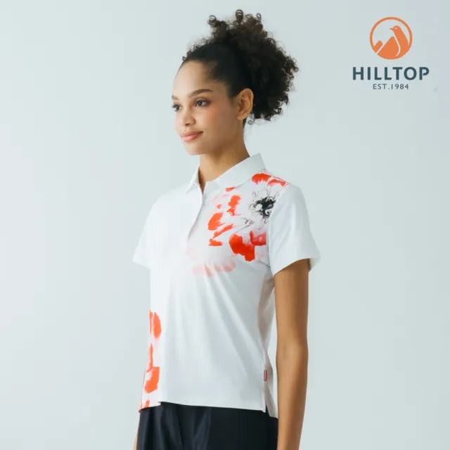 【Hilltop 山頂鳥】Polygiene吸濕快乾抗UV施華洛世奇縫釦彈性印花POLO衫 女款 紅花｜PS14XFM2ECHZ