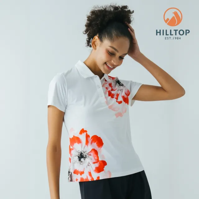 【Hilltop 山頂鳥】Polygiene吸濕快乾抗UV施華洛世奇縫釦彈性印花POLO衫 女款 紅花｜PS14XFM2ECHZ