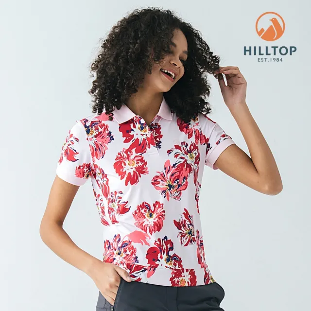 【Hilltop 山頂鳥】Polygiene抗菌吸濕快乾抗UV彈性印花POLO衫 女款 粉底紅花｜PS14XFM5ECFZ