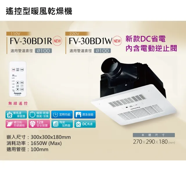 【Panasonic 國際牌】四合一浴室暖風乾燥機 FV-30BD1R無線遙控型 FV-30BDY1W線控型 DC馬達 不含安裝