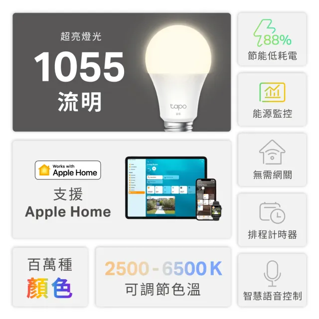 (四入組)【TP-Link】Tapo L536E 多彩調節 節能LED Wi-Fi 智慧照明 E27多色智能燈泡(支援Apple Home)