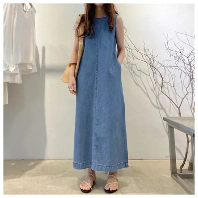 【ASister 小姊姊】AS0579#牛仔洋裝☆*無袖圓領純色*中大尺碼修身顯瘦側口袋長版牛仔連身裙(3色_S-5XL)