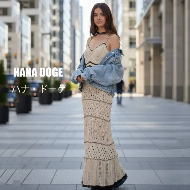 HANA DOGE ハナ・ドーゲ 馬爾地夫度假風撞色拼接簍空針織比基尼罩衫長洋裝