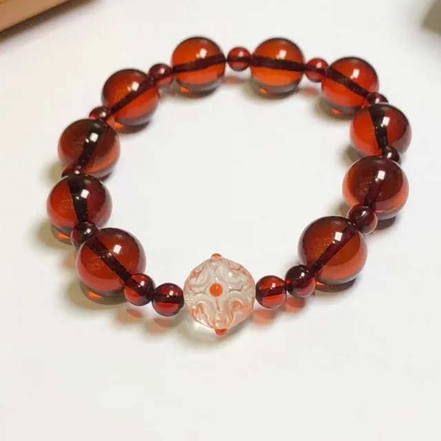 【勝弘珠寶】波羅的海深酒紅血珀配白水晶手串-10mm