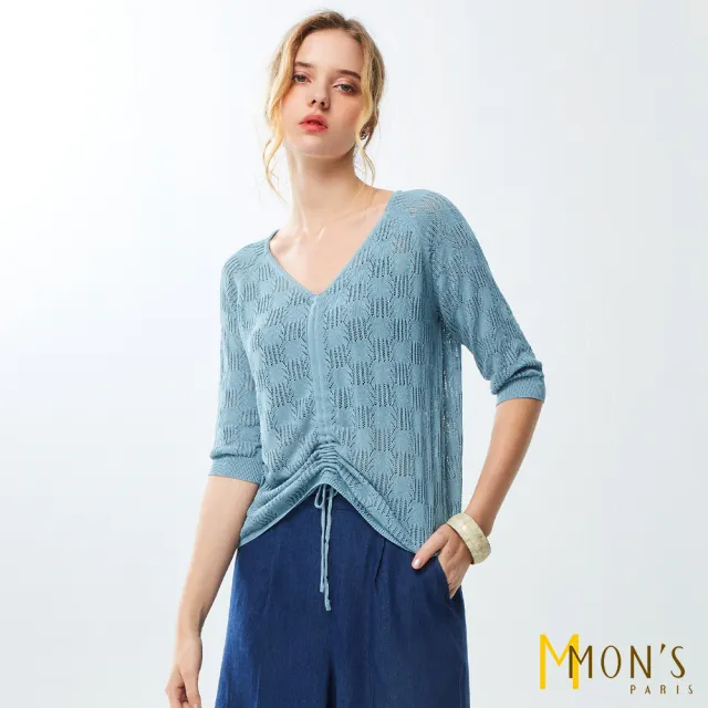 【MON’S】V領緹花簍空造形針上衣(直)