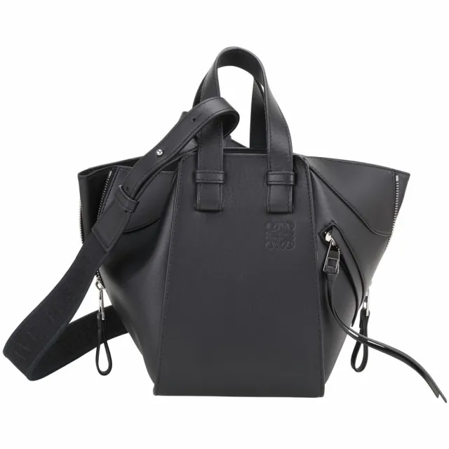 【LOEWE 羅威】Hammock 小牛皮編織背帶手提 斜背吊床包-黑色