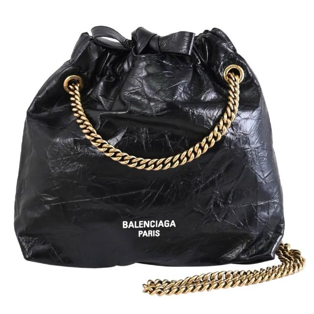 【Balenciaga 巴黎世家】CRUSH TOTE 品牌雙B LOGO揉製牛皮托特包鍊包(黑XS)