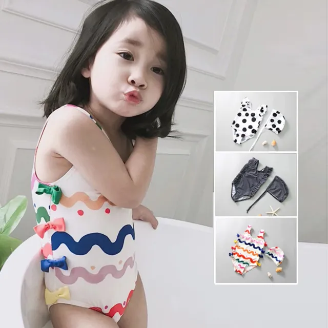 【橘魔法】彩虹 大點點 格子連身泳衣+附泳帽 一件式 女童 童裝 兒童 泳裝 泳衣 玩水 游泳 海邊 玩沙