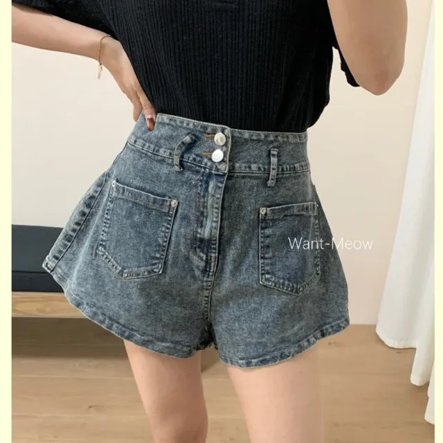 【Want-Meow】90公斤可穿/顯瘦腰細腿長抽鬚寬腰帶A字牛仔短褲中大尺碼短褲牛仔褲(大尺碼/大碼/下著)