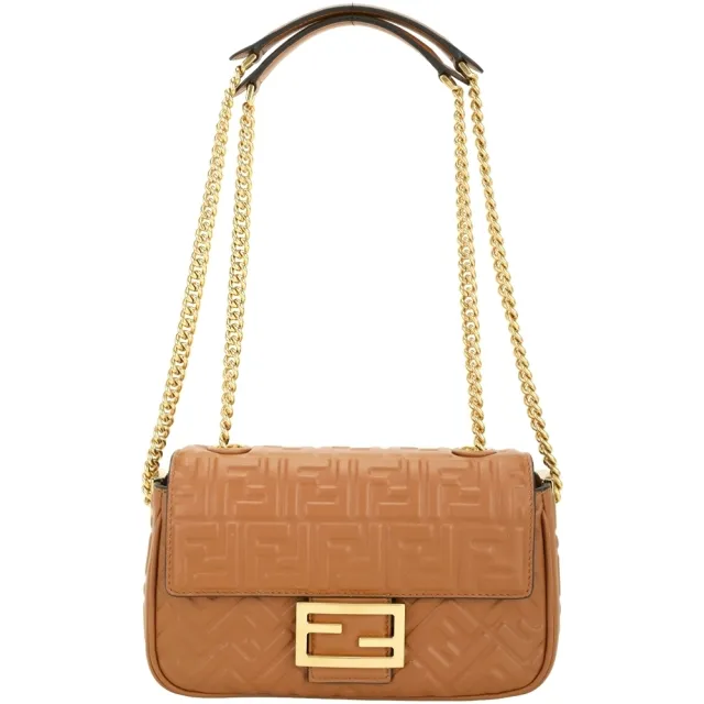 【FENDI 芬迪】Baguette FF 壓花小羊皮鍊帶肩 斜背包-棕色