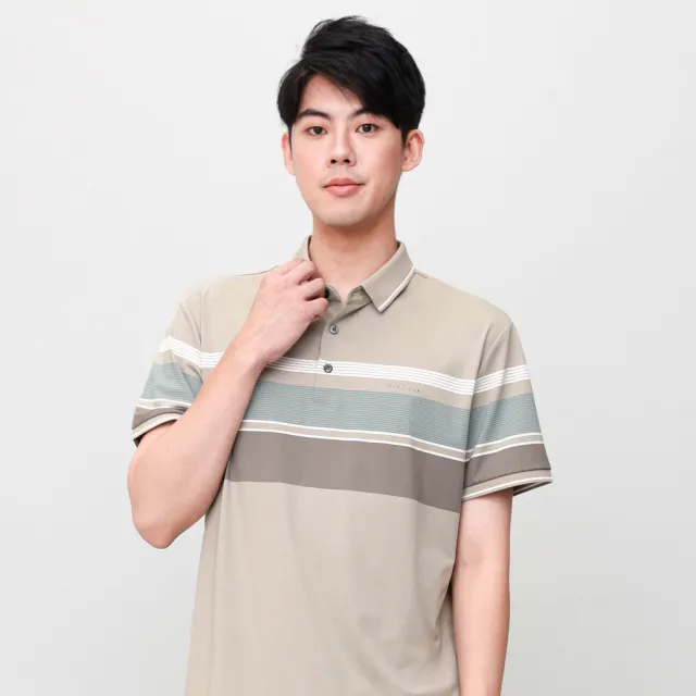 【oillio 歐洲貴族】男裝 短袖休閒POLO衫 條紋POLO 彈力透氣 防皺(卡其色 法國品牌)