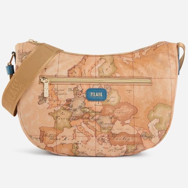 【Alviero Martini】義大利地圖包 超輕量尼龍 弧型休閒大側背包40cm-地圖黃x藍綠色 (斜背)