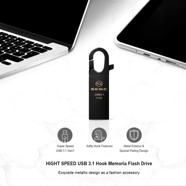 SEKC USB 3.1 Gen1 高速金屬隨身碟 - 鋅合金銀色掛鉤款 64GB