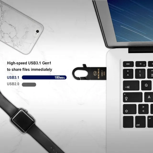SEKC USB 3.1 Gen1 高速金屬隨身碟 - 鋅合金銀色掛鉤款 64GB