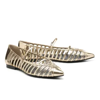 【HELENE_SPARK】前衛摩登多線條異材質瑪莉珍漁夫平底鞋(金)