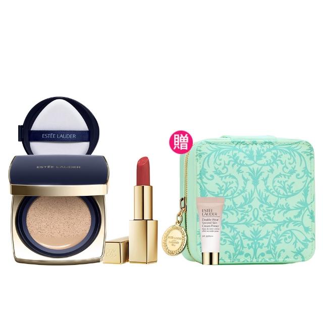 【Estee Lauder 雅詩蘭黛】粉持久氣墊小金管唇膏組(完美鎖妝氣墊粉餅+小金管/IU同款/底妝)