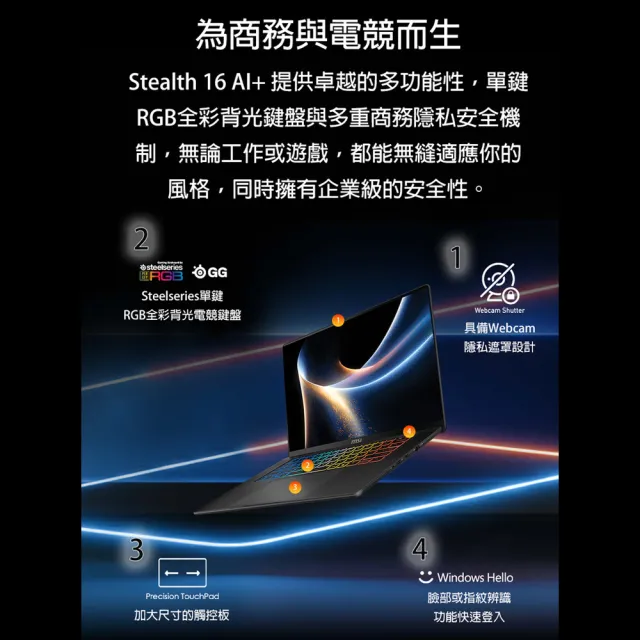 【MSI 微星】16吋Ultra 9 386H RTX5080 AI電競筆電(Stealth 16 AI/32G/1T SSD/Win11P/B3WI-006TW)