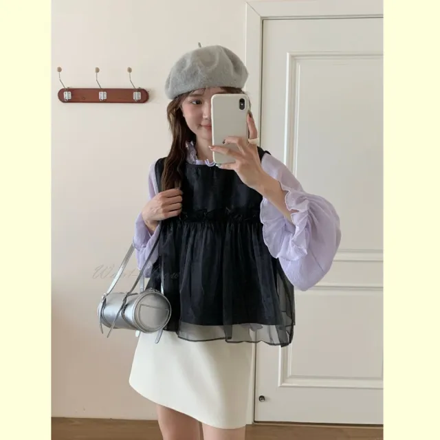【Want-Meow】90公斤可穿/訂製大胸可百搭寬肩帶雪紡多層次穿搭背心(大碼上衣/大碼/大尺碼/背心)