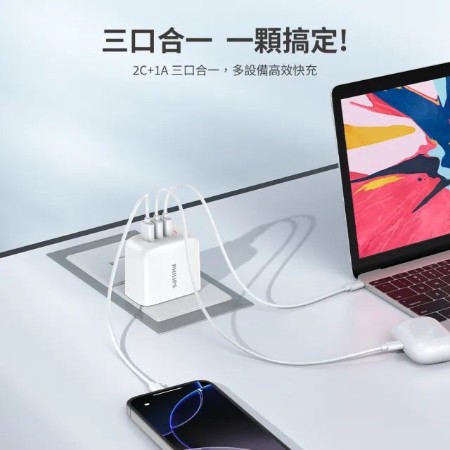 【Philips 飛利浦】DLP6547C 70W 2C1APD旅充充電器(高速快充/多項安全保護機制/小巧便攜/供電亮燈)