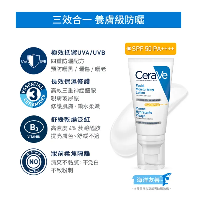 【CeraVe 適樂膚】全效清爽修護防曬乳 SPF50 52ml